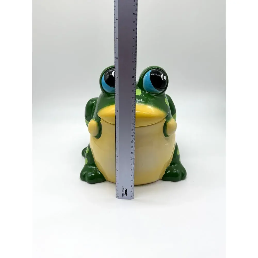 Large Green Frog Ceramic Cookie Jar Big Eyes Lidded Kitchen Canister 11